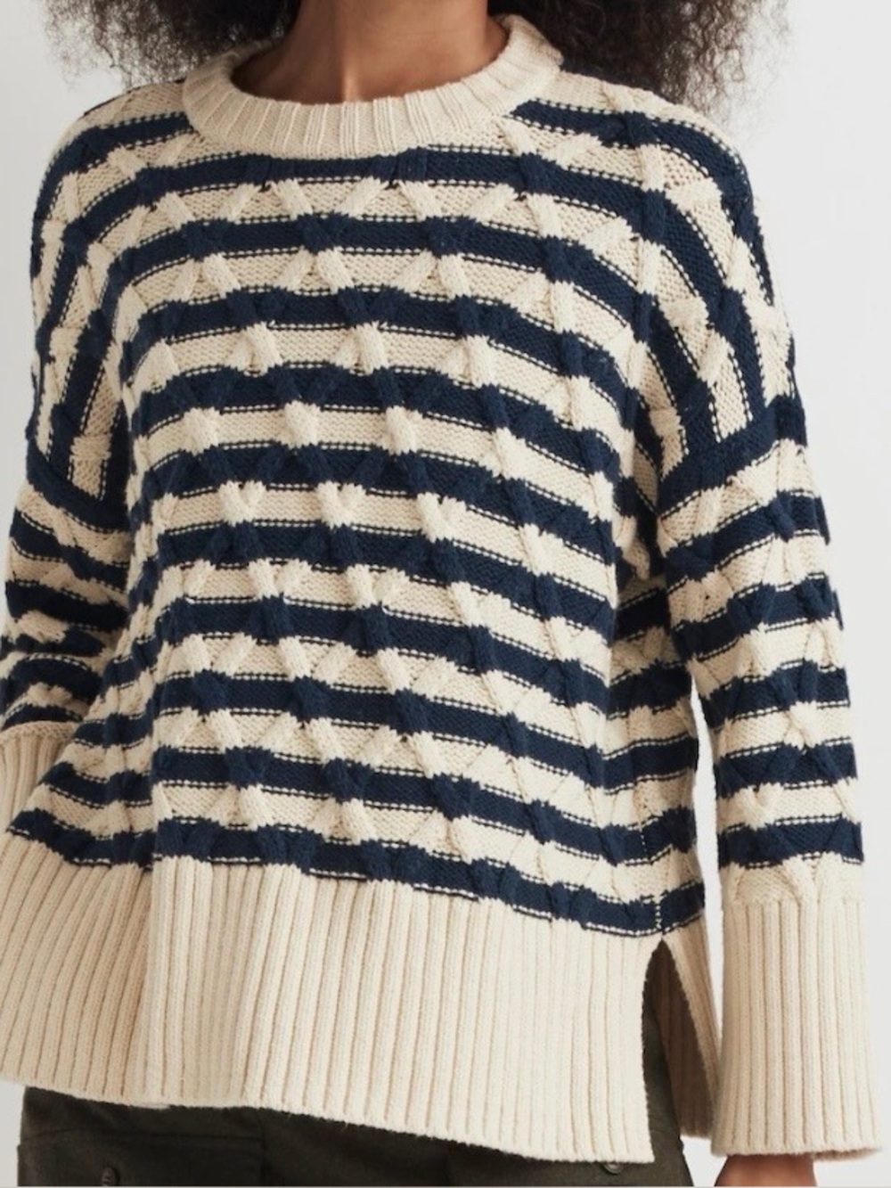 Madewell Cable Knit Oversized Sweater Navy Cream Stripe Size Small